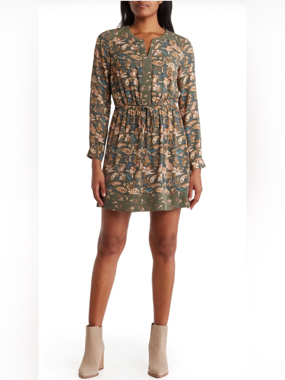 Daniel Rain DR2 Twin Print Dress - Olive Floral Paisley